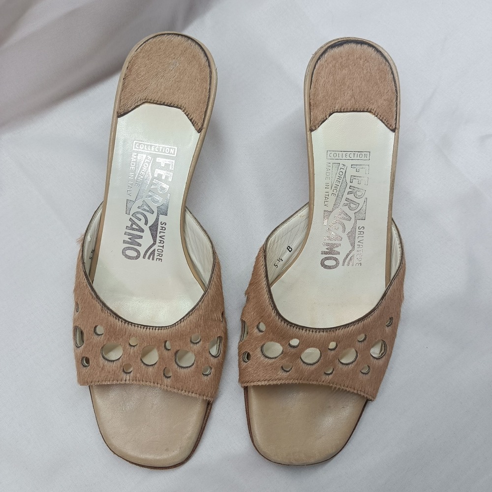 Salvatore Ferragamo Calf Hair Laser Cut Out Mules Kitten Heel Tan 5.5B Designer - Picture 2 of 10